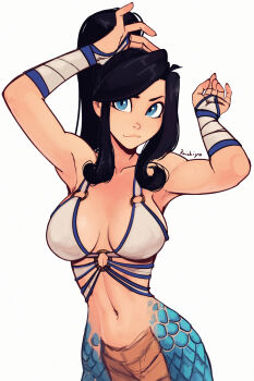 1girl absurdres armpits arms_behind_head artist_name bandaged_arm bandages bikini bikini_top_only black_hair blue_eyes breasts breasts_apart chimi_(raichiyo33) closed_mouth commentary english_commentary hair_behind_ear head_tilt highres lamia long_hair medium_breasts monster_girl navel nose o-ring o-ring_bikini o-ring_top open_hand original parted_hair ponytail raichiyo33 scales simple_background solo swimsuit tying_hair white_background white_bikini