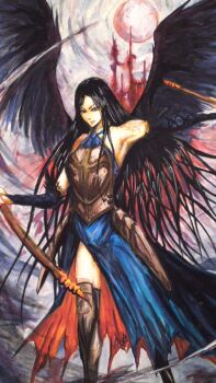 1girl arm_tattoo armor armpits bad_id bad_pixiv_id bare_shoulders black_hair blue_eyes boots breastplate castle castlevania:_order_of_ecclesia castlevania_(series) detached_sleeves dress faulds feathered_wings holding holding_weapon long_hair moon outdoors scythe shanoa_(castlevania) side_slit sigfenrir solo tattoo thigh_boots weapon wings