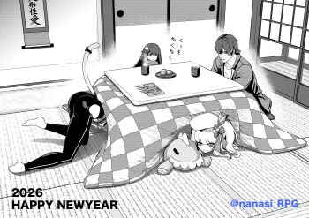 1boy 2026 3girls absurdres camera camera_around_neck character_request commander_(girls'_frontline) commentary_request food girls'_frontline girls'_frontline_2:_exilium happy_new_year hat highres indoors jacket kotatsu meimushi mr._pizza_(girls'_frontline_2) multiple_girls new_year open_clothes open_jacket peritya_(girls'_frontline_2) sakura_(girls'_frontline_2) shirt sitting smile t-shirt table tatami twitter_username type_100_(girls'_frontline) vepley_(girls'_frontline_2)