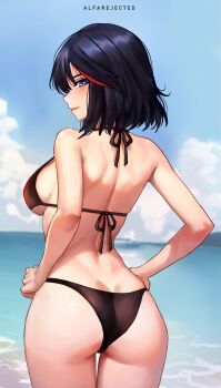 1girl absurdres alfarejected artist_name ass bare_arms bare_shoulders beach bikini black_bikini black_hair blue_eyes blue_sky blush breasts closed_mouth cloud commentary cowboy_shot day from_behind hands_on_own_hips highres kill_la_kill large_breasts looking_at_viewer looking_back matoi_ryuuko medium_hair multicolored_hair ocean outdoors profile red_hair shore sideboob sky smile solo standing streaked_hair swimsuit water