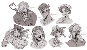 3girls 4boys absurdres aesop_carl andrew_kreiss aoi_(0ud0ntabetabe) bandaid bandaid_on_head blood bottle braid breasts choker cleavage collared_shirt constricted_pupils coughing coughing_blood covering_own_mouth crazy_eyes crazy_smile cross_scar demi_bourbon earrings emily_dyer emma_woods facial_scar film_grain freckles ganji_gupta gloves greyscale hair_over_one_eye half-closed_eye hand_over_own_mouth hat headband high_collar highres holding holding_bottle holding_shovel hoop_earrings identity_v injury jewelry large_breasts long_sleeves looking_at_viewer looking_to_the_side luchino_diruse mask medium_hair messy_hair mole mole_above_mouth mole_on_breast monochrome mouth_mask multiple_boys multiple_girls neckerchief norton_campbell nurse_cap open_collar open_mouth overalls ponytail scales scar scar_on_cheek scar_on_face scar_on_nose scared serious shirt short_hair shovel sideways_glance simple_background smile straw_hat sweat upper_body white_background wide-eyed