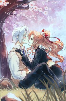 aerith_gainsborough aerith_gainsborough_(midgard_seventh_high_school) aqua_eyes assertive_female black_choker black_pants black_sailor_collar black_shirt black_skirt blue_necktie blurry blurry_foreground blush brown_hair brown_vest cherry_blossoms choker collared_shirt colored_tips crop_top delinquent final_fantasy final_fantasy_vii final_fantasy_vii:_ever_crisis floral_print floral_print_sleeves flower grass green_eyes grey_hair hair_flower hair_ornament hair_ribbon highres kay-i kneeling long_hair long_skirt midriff multicolored_hair necktie official_alternate_costume pants parted_bangs pink_flower pleated_skirt ponytail print_sleeves red_hair red_ribbon retro_artstyle ribbon sailor_collar school_uniform sephiroth sephiroth_(ever_crisis) sephiroth_(shinra_private_academy) shirt short_hair sidelocks sitting skirt sukeban sweater_vest tree under_tree vest wavy_hair white_flower white_shirt