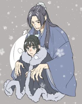 Rule 34 | 1boy, 1girl, black hair, blue ribbon, blue robe, blush, bun cover, capelet, commentary request, cropped torso, dated, facial scar, freckles, fur-trimmed capelet, fur trim, furrowed brow, green eyes, grey background, hair bun, hair ribbon, half updo, highres, hug, hug from behind, jinshi (kusuriya no hitorigoto), kusuriya no hitorigoto, maomao (kusuriya no hitorigoto), parted lips, ribbon, robe, scar, scar on cheek, scar on face, sigh, takehide, upper body, winter clothes