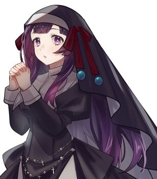 1girl arianna_caledonia black_coif black_dress dress etrian_odyssey highres juliet_sleeves long_hair long_sleeves nun pantyhose praying puffy_sleeves purple_eyes purple_hair sakuraso sekaiju_no_meikyuu shin_sekaiju_no_meikyuu_2 side_slit upper_body white_pantyhose