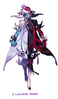 1boy blue_skin bracelet butterfly_wings cape colored_skin crown fingernails heart heterochromia highres insect_wings jewelry long_fingernails male_focus multicolored_hair original pigeon666 purple_eyes red_eyes seven_deadly_sins standing stethoscope stitches wings