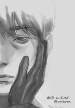 1boy bags_under_eyes commentary english_commentary expressionless gloves greyscale hand_on_another&#039;s_face happy_birthday highres kim_dokja looking_at_viewer male_focus monochrome omniscient_reader&#039;s_viewpoint pov pov_hands short_hair solo split_crop umbrvx yoo_joonghyuk