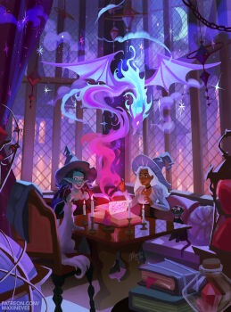 2girls amulet animal_collar aqua_nails black_cat black_dress book book_stack building candle cat chain chair collar colored_skin commentary couch crescent_moon curtains dark-skinned_female dark_skin dragon dress english_commentary female_orc fiery_hair fingernails gem globe glowing glowing_eye green_hair green_skin grin hat hourglass indoors juliet_sleeves long_fingernails long_hair long_sleeves looking_at_animal magic maxine_vee moon multiple_girls night night_sky open_book orc original patreon_username pointy_ears puffy_sleeves purple_hat red_gemstone shirt signature sky smile spell star_(symbol) starry_sky_print summoning table teeth upper_teeth_only vial white_cat white_hair white_shirt window witch witch_hat