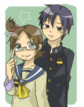 Rule 34 | 1boy, 1girl, bespectacled, blue eyes, blue hair, brown hair, corpse party, finger to glasses, gakuran, glasses, unworn eyewear, green background, hair bobbles, hair ornament, kounoitachi, morishige sakutarou, school uniform, semi-rimless eyewear, serafuku, smile, star (symbol), suzumoto mayu
