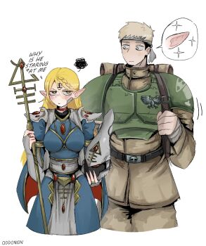 1boy 1girl annoyed armor artist_name astra_militarum backpack bag bandana bedroll blonde_hair bulletproof_vest eldar elf farseer frown gem helmet highres holding holding_staff holding_unworn_helmet laios_touden long_hair mage_staff marcille_donato military_uniform odd_onion pauldrons pointy_ears short_hair shoulder_armor sparkle speech_bubble staff thought_bubble unworn_headwear unworn_helmet warhammer_40k