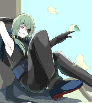 1boy anaxa_(honkai:_star_rail) arm_behind_head arm_up armpits black_pants black_shirt blue_eyes blue_shoes commentary_request eyepatch green_hair hair_between_eyes hair_over_shoulder highres honkai:_star_rail honkai_(series) kino_mota knee_up leaf long_hair low_ponytail male_focus pants ponytail red_eyes shirt shoes sitting sleeveless sleeveless_shirt solo