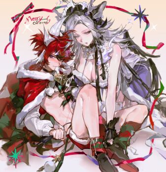 1boy 1girl absurdres alternate_costume animal_ears aotsuki_eito bell black_choker black_hair black_shoes black_wrist_cuffs blue_eyes blush bra breasts cape chinese_commentary choker christmas cleavage closed_mouth commentary_request english_text eyelashes fur-trimmed_cape fur_trim genderswap genderswap_(mtf) green_socks grey_eyes grey_hair hair_ornament head_wings hetero highres lace lace_bra large_breasts lineko long_hair long_sleeves merry_christmas multicolored_hair open_mouth red_cape red_ribbon red_socks ribbon ribbon_legwear shoes sitting socks streaked_hair striped_clothes striped_socks sumino_takumi the_hundred_line_-last_defense_academy- two-tone_hair two-tone_socks underwear very_long_hair white_bra white_ribbon wing_hair_ornament wings wrist_cuffs