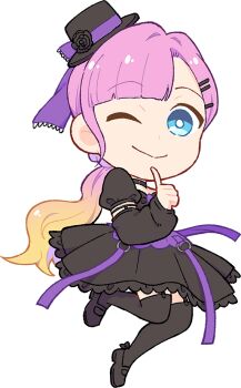 Rule 34 | 1girl, ;), anyoji hime, black choker, black dress, black flower, black hat, black rose, black shoes, black thighhighs, blonde hair, blue eyes, bright pupils, chibi, chibi only, choker, closed mouth, detached sleeves, dress, flower, full body, game cg, garter straps, gradient hair, hair intakes, hat, hat flower, link! like! love live!, long hair, long sleeves, looking at viewer, love live!, low ponytail, mary janes, medium dress, mini hat, multicolored hair, new black (love live!), non-web source, official art, one eye closed, over-kneehighs, pink hair, ponytail, puffy long sleeves, puffy short sleeves, puffy sleeves, rose, sakuma yoru, self-datamine, shoes, short sleeves, sidelocks, smile, solo, thighhighs, tilted headwear, virtual youtuber, white pupils