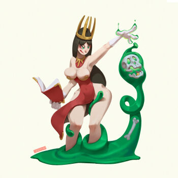 1girl arm_up armpits artist_name aura bare_shoulders black_hair bone book breasts cleavage closed_mouth covered_navel crown dated detached_collar dress eyeliner female_focus fewer_digits gloves green_eyes half-closed_eyes hand_up highres holding holding_book iwse_zhang large_breasts lipstick long_hair looking_afar makeup narrow_waist no_panties open_book original outstretched_arm parted_bangs pelvic_curtain red_dress red_eyeliner red_lips redrawn signature skindentation skull slime_(substance) solo standing strapless strapless_dress thighs very_long_hair white_gloves wide_hips yellow_crown