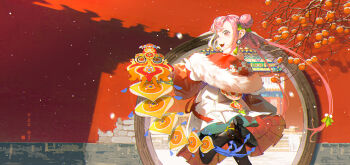 1girl absurdres architecture black_pantyhose brown_shoes capelet chinese_new_year commentary day earrings east_asian_architecture fang food fruit fur-trimmed_capelet fur_trim hair_bun highres jewelry kite leg_up long_hair moon_gate open_mouth original outdoors pantyhose persimmon persimmon_tree pink_eyes pink_hair sa_si_qierde seal_impression shadow shoes snowing solo teeth upper_teeth_only very_long_hair winter