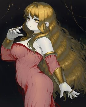 Rule 34 | 1girl, absurdres, armlet, armpit crease, bare shoulders, black background, blonde hair, breasts, closed mouth, commentary, cowboy shot, detached sleeves, dress, earclip, english commentary, from side, gemi ningen, gold armlet, gold bracer, gold choker, gold ring, hand up, highres, jewelry, large breasts, long hair, long sidelocks, looking at viewer, multiple rings, original, red dress, red sleeves, ring, see-through clothes, see-through dress, see-through sleeves, sidelocks, smile, solo, strapless, strapless dress, yellow eyes