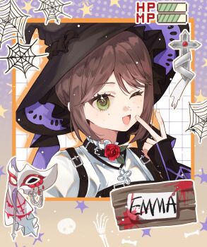 :d alternate_costume black_hat black_sleeves bone border brown_hair character_name chilizi cross emma_woods eye_mask flower gradient_border green_eyes hand_up hat health_bar highres identity_v looking_at_viewer mask neck_flower open_mouth polka_dot_border purple_border red_flower red_rose rose shirt sign silk skull sleeves_past_wrists smile spider_web star_(symbol) unworn_mask v white_shirt witch_hat