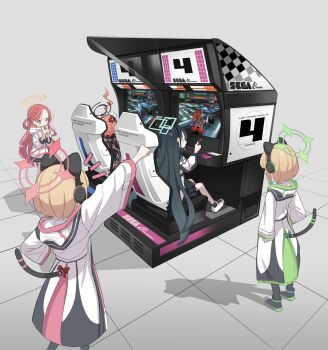 5girls ahoge anger_vein animal_ear_headphones animal_ears arcade_cabinet aris_(blue_archive) black_hair blonde_hair blue_archive cat_ear_headphones cat_ears clenched_hand coat fake_animal_ears grey_background halo headphones highres hood hood_down hooded_coat huge_ahoge ketsu_juuji_killer_(kejuki) logo long_hair long_sleeves midori_(blue_archive) momoi_(blue_archive) multiple_girls neru_(blue_archive) playing_games playing_video_games red_hair sega shaded_face shadow short_hair siblings simple_background sisters sitting standing tail tears very_long_hair virtual_on white_coat yuzu_(blue_archive)