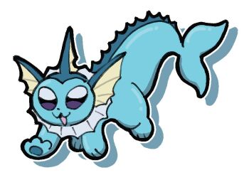 :3 blue_eyes commentary dot_nose drop_shadow fins fish_tail full_body gen_1_pokemon head_fins looking_at_viewer nintendo no_humans open_mouth outline pokemon pokemon_(creature) pokemon_focus pr_quote solo tail vaporeon white_background white_outline