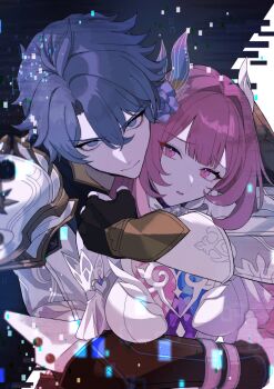 1boy 1girl black_gloves blush breasts commentary corset cyrene_(honkai:_star_rail) cyrene_(ripples_of_past_reverie)_(honkai:_star_rail) dress echo_of_cyu fingerless_gloves flower glitch gloves hair_flower hair_ornament honkai:_star_rail honkai_(series) hug hug_from_behind large_breasts long_hair looking_at_viewer phainon_(honkai:_star_rail) pink_eyes pink_hair symbol-only_commentary very_long_hair white_corset white_dress white_hair