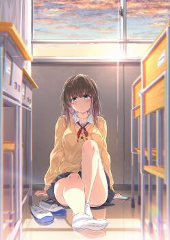 1girl aqua_eyes bare_legs black_skirt blush brown_hair cardigan cellphone chair chromatic_aberration classroom closed_mouth collared_shirt colored_inner_hair commentary_request convenient_leg curtains desk earbuds earphones full_body highres indoors knee_up kyamiuu legs long_sleeves miniskirt multicolored_hair no_shoes on_ground original phone pink_hair pleated_skirt reflective_floor school_chair school_desk school_uniform shirt shoes sitting skirt sky smartphone socks solo toes unworn_shoes white_shirt white_socks window yellow_cardigan