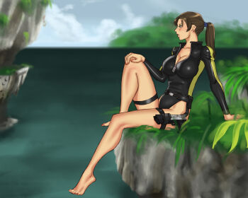 1girl barefoot blurry blurry_background bodysuit breasts brown_hair diving_suit gun handgun highleg highleg_one-piece_swimsuit holster holstered lara_croft large_breasts long_legs nail_polish no_shoes one-piece_swimsuit pistol ponytail swimsuit tomb_raider weapon wetsuit zipper zipper_pull_tab