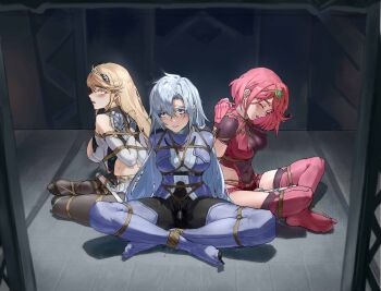 3girls a_(xenoblade) absurdres arms_behind_back bare_shoulders bdsm black_thighhighs blonde_hair blue_eyes blush bondage bound bound_ankles bound_arms bound_legs bound_wrists commission covered_navel dress fingerless_gloves gloves grey_hair highres hitachi_magic_wand in_locker jewelry locker long_hair looking_at_viewer multiple_girls mythra_(xenoblade) no_shoes pantyhose pink_eyes pink_hair pyra_(xenoblade) restrained reverse_prayer rope sex_toy shibari shibari_over_clothes short_hair short_shorts shorts skirt taiyi thighhighs tiara vibrator xenoblade_chronicles_(series) xenoblade_chronicles_2 yellow_eyes