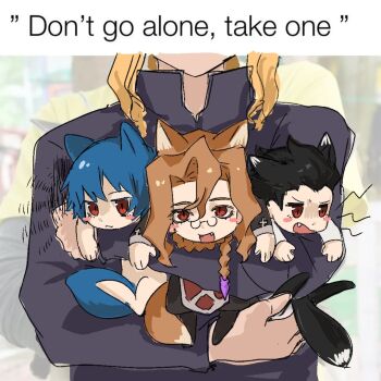 1girl 3boys animal_ears black_hair blonde_hair blue_hair blush_stickers carrying carrying_under_arm cat_boy cat_ears ciel_(tsukihime) commentary_request fang fate/grand_order fate_(series) fox_boy fox_ears fox_tail glasses hair_slicked_back long_hair meme michael_roa_valdamjong michael_roa_valdamjong_(human) multiple_boys multiple_persona possessed possession priest red_eyes roa-ciel shirt short_hair sketch smile tail tarantella_(fate) tsukihime tsukihime_(remake) vampire white_shirt wholelottalovi1