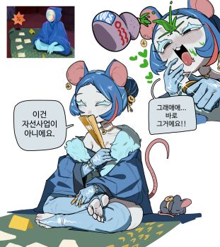 1girl absurdres ahegao animal_earrings animal_ears bbizim03 blue_gloves blue_hair blue_thighhighs blush breasts bridal_legwear buck_teeth cleavage cloak closed_eyes coin colored_skin commentary dot_nose english_commentary fan_over_face fur-trimmed_cloak fur_trim game_screenshot_inset genderswap genderswap_(mtf) glint gloves grey_skin hair_bun hand_fan heart highres holding holding_coin holding_fan jewelry korean_text loving_aura merchant_(slay_the_spire) mole mole_on_neck mouse_(animal) mouse_ears mouse_girl mouse_tail multicolored_hair multiple_views necklace nose_blush on_blanket open_mouth pink_hair potion reference_inset screenshot_inset short_hair simple_background single_bare_shoulder single_off_shoulder slay_the_spire slay_the_spire_2 smile speech_bubble splashing stirrup_legwear streaked_hair tail teeth thighhighs toeless_legwear toes translated white_background
