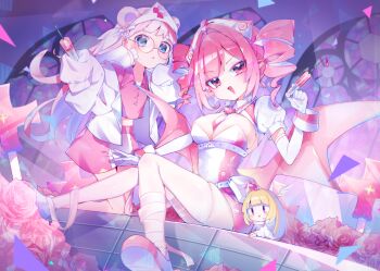 3girls absurdres blonde_hair blue_eyes blush breasts brown_eyes character_request cleavage elbow_gloves glasses gloves highres holding holding_syringe large_breasts long_hair looking_at_viewer mini_person minigirl multiple_girls muse_dash open_mouth parted_lips pink_eyes pink_hair pink_shoes puffy_short_sleeves puffy_sleeves round_eyewear shoes short_sleeves sia_6767 sitting smile syringe white_gloves white_hair