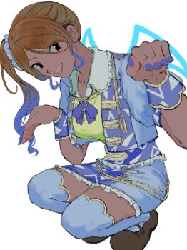 Rule 34 | 1girl, black eyes, blue nails, blue shirt, blue skirt, breasts, brown hair, brown shoes, collared shirt, dark-skinned female, dark skin, full body, gradient hair, gyaru, hands up, highres, idol clothes, idolmaster, idolmaster shiny colors, izumi mei, long hair, looking at viewer, miniskirt, multicolored hair, nail polish, open clothes, open mouth, open shirt, shirt, shoes, side ponytail, sidelocks, simple background, skirt, smile, solo, subro, swept bangs, thighhighs, white background, white thighhighs, wrist cuffs, yellow shirt