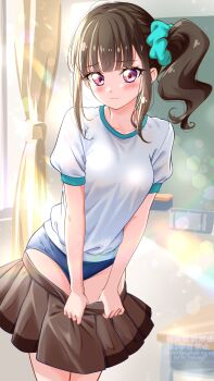 1girl absurdres aqua_scrunchie blue_buruma blush bow breasts brown_hair buruma classroom gym_shirt gym_uniform hair_ornament highres indoors kakikakilemon long_hair looking_at_viewer nekoyashiki_mayu no precure purple_eyes school_uniform scrunchie second_wangan_school_uniform shirt short_sleeves side_ponytail skirt small_breasts smile undressing white_shirt wonderful_precure!