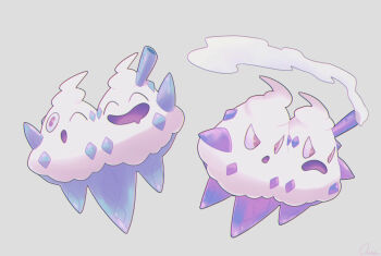 absurdres alternate_color commentary_request drooling full_body gen_5_pokemon grey_background happy highres mouth_drool nintendo no_humans one_eye_closed open_mouth ouran pokemon pokemon_(creature) pokemon_focus shiny_pokemon simple_background v-shaped_eyes vanilluxe