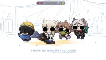 Rule 34 | 1boy, 3girls, animal ears, ardelia (arknights), arknights, arknights: endfield, bare shoulders, bird ears, bird girl, black coat, black gloves, black hair, brown hair, chibi, closed mouth, coat, commentary, dress, endministrator (arknights), english commentary, english text, expressionless, eye mask, female endministrator (arknights), flower, full body, gloves, grey hair, hair ornament, hard hat, helmet, holding, holding blueprints, holding flower, holding pickaxe, horns, jacket, long hair, long sleeves, mask, miyan (oceanmaiden), multiple girls, open clothes, open jacket, outdoors, patreon username, perlica (arknights), pickaxe, pogranichnik (arknights), sheep ears, sheep girl, sheep horns, short hair, sleeveless, sleeveless dress, smile, spot color, standing, white dress, white jacket