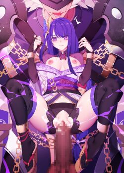 1girl bdsm blunt_bangs blunt_ends blush bondage bound bound_ankles bound_arms bound_legs bound_wrists braid breasts breasts_out bridal_gauntlets chain closed_mouth commentary cum cum_in_pussy frogtie genshin_impact gigantic_penis glint hair_ornament hetero highres huge_penis japanese_clothes kimono large_breasts lingerie long_braid long_hair looking_down mole mole_under_eye monster_boy nami_qi off_shoulder penis puffy_nipples purple_eyes purple_hair purple_kimono purple_thighhighs raiden_shogun rape red_sash restrained sash sex sex_from_behind single_braid solo_focus suspension thighhighs torn_clothes underwear vaginal