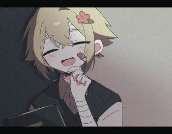 Rule 34 | 1boy, absurdres, bandaged arm, bandages, basil (faraway) (omori), basil (omori), blonde hair, closed eyes, collared shirt, double-parted bangs, film grain, flower, green sweater vest, hair between eyes, hair flower, hair ornament, highres, letterboxed, looking at viewer, male focus, mqd0rl, omori, shirt, short hair, short sleeves, sidelocks, solo, sweater vest, upper body, white shirt