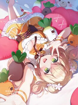 1girl :d arm_garter arm_up asymmetrical_legwear bed_sheet bell blonde_hair bow bowtie breasts brown_bow brown_bowtie brown_corset cleavage cleavage_cutout clothing_cutout commentary_request corset double-parted_bangs double_bun dress fang flower foreshortening frilled_dress frilled_shirt frilled_skirt frilled_thighhighs frills gradient_hair green_eyes hair_bun hair_flower hair_ornament hand_up heart_cushion highres hololive jingle_bell knees_together_feet_apart large_breasts layered_skirt leg_up looking_at_viewer lying miniskirt momoshiki_tsubaki momosuzu_nene momosuzu_nene_(1st_costume) multicolored_bow multicolored_bowtie multicolored_hair multicolored_skirt neck_bell nekko_(momosuzu_nene) on_bed open_hand open_mouth orange_bow orange_bowtie orange_shirt orange_skirt peach_ornament petticoat pink_flower pink_hair pink_skirt pleated_skirt reaching reaching_towards_viewer shadow shirt side_up_bun single_thighhigh skirt skirt_set sleeveless sleeveless_shirt smile stuffed_animal stuffed_seal stuffed_toy surrounded teeth thighhighs tongue two_side_up underbust uneven_legwear upper_teeth_only upside-down virtual_youtuber watermark white_thighhighs yellow_bow yellow_bowtie yellow_skirt