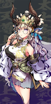 1girl adjusting_eyewear armlet bangle blue_ribbon bracelet breasts closed_mouth collarbone commentary_request crown feet_out_of_frame glasses hair_between_eyes hair_ribbon half-closed_eyes hand_up himegami_kagura horns huge_breasts jewelry long_hair ms06s official_art open_hand purple_eyes reihoutenson_(himegami_kagura) ribbon see-through_clothes see-through_skirt shirt skirt sleeveless sleeveless_shirt smile solo standing tachi-e tented_shirt underbust very_long_hair wavy_hair