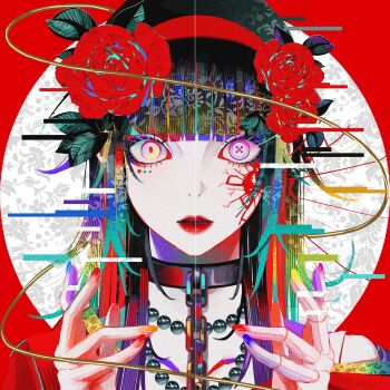 1girl absurdres bead_necklace beads black_hair blue_nails blunt_bangs button_eyes buttons chain chain_leash commentary_request cracked_skin doll doll_joints double_exposure dress eyelashes eyeliner eyeshadow film_grain floral_background flower glitch hairband hands_up highres jewelry joints leaf leash long_hair looking_at_viewer makeup mismatched_pupils multicolored_eyes multicolored_hair multicolored_nails necklace original parted_lips pink_nails portrait purple_eyeshadow red_dress red_eyeliner red_flower red_hairband red_lips red_nails red_pupils red_rose red_theme rose single_off_shoulder solo syakemayusan thread yellow_nails