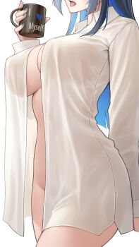 1girl absurdres blue_hair blue_nails bottomless breasts colored_inner_hair cup head_out_of_frame highres holding holding_cup hololive hololive_english large_breasts long_hair multicolored_hair naked_shirt open_clothes open_mouth open_shirt ouro_kronii oversized_clothes oversized_shirt see-through_clothes shirt simple_background solo somebody_(leiking00) tongue tongue_out virtual_youtuber white_background white_shirt