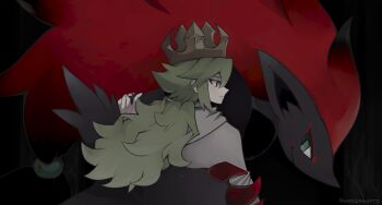 1boy 1other black_background black_fur commentary crown english_commentary expressionless facing_another facing_to_the_side gen_5_pokemon gold_crown green_eyes green_hair grey_eyes hand_on_another's_back hand_on_another's_shoulder highres long_hair looking_ahead looking_at_another low_ponytail male_focus n_(pokemon) nintendo nuumigranate pokemon pokemon_(creature) pokemon_bw ponytail red_hair robe spiked_crown turning_head white_robe zoroark