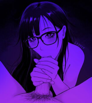 1boy 1girl artist_name asymmetrical_bangs black_eyeshadow black_hair bright_pupils commentary english_commentary eyeshadow fellatio glasses heart heart-shaped_pupils highres lazier long_hair makeup male_pubic_hair monochrome oral original pubic_hair purple_theme symbol-shaped_pupils upper_body white_pupils