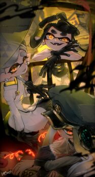 3girls absurdres against_railing agent_3_(splatoon) behind-the-head_headphones black_dress black_gloves black_hair black_leggings blue_hat bow-shaped_hair callie_(alterna)_(splatoon) callie_(splatoon) captain_3_(splatoon) closed_mouth coat commentary cross-shaped_pupils dress earrings english_commentary fangs gloves glowing glowing_eyes grey_hair half-closed_eyes hat headphones highres holding holding_umbrella inkling jewelry layered_sleeves leggings long_hair long_sleeves looking_at_viewer marie_(alterna)_(splatoon) marie_(splatoon) mole mole_under_eye multiple_girls nintendo open_mouth orange_eyes pakiraibi pantyhose patchwork_clothes peaked_cap pointy_ears railing short_over_long_sleeves short_sleeves sitting smile splatoon_(series) splatoon_3 swept_bangs symbol-shaped_pupils tentacle_hair thick_eyebrows torn_clothes torn_leggings umbrella white_coat white_pantyhose yellow_eyes zapfish