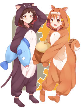 2girls animal_ears animal_hood blush brown_eyes brown_hair cat_ears cat_tail closed_mouth cosplay fish-shaped_pillow full_body holding holding_pillow hood idolmaster idolmaster_million_live! kigurumi kisaragi_ichigo kitazawa_shiho long_hair looking_at_viewer multiple_girls open_mouth orange_hair pillow short_hair smile squirrel_ears squirrel_tail standing tail yabuki_kana