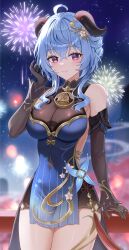 Rule 34 | 1girl, absurdres, ahoge, bare shoulders, bell, black gloves, blue dress, blue hair, blurry, blurry background, breasts, closed mouth, detached sleeves, dress, fireworks, ganyu (genshin impact), ganyu (twilight blossom) (genshin impact), genshin impact, gloves, goat horns, highres, horns, ien (to yen), large breasts, looking at viewer, neck bell, night, night sky, official alternate costume, official alternate hairstyle, outdoors, pink eyes, sidelocks, sky, smile, solo, standing, star (sky), starry sky