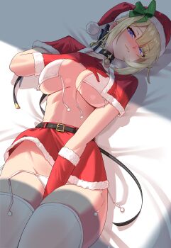 1girl absurdres aiden_(ofsb) bed bed_sheet belt between_legs black_belt blonde_hair blue_eyes blunt_bangs blush bra breasts breath capelet christmas cleavage commentary_request elbow_gloves evelyn_chevalier fur-trimmed_capelet fur-trimmed_gloves fur-trimmed_skirt fur_trim gloves green_ribbon hand_between_legs hand_on_own_chest hand_up hat hat_ribbon highres large_breasts long_hair looking_at_viewer lying miniskirt on_bed open_bra panties parted_lips pom_pom_(clothes) red_capelet red_gloves red_hat red_skirt ribbon santa_costume santa_hat side-tie_panties sidelocks skirt solo strap thighhighs thighs underboob underwear untied_panties white_bra white_panties white_thighhighs zenless_zone_zero