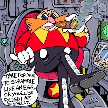 1her0 2boys bad_tag bald black_boots black_pants boots brown_facial_hair cigar classic_eggman classic_sonic commentary controller crossed_legs dr._eggman english_commentary english_text facial_hair full_body gloves grin holding holding_cigar indoors joystick long_mustache long_sleeves machinery male_focus monitor multiple_boys mustache pants pinky_out red_shirt round_eyewear shirt sitting smile smoke smoking solo_focus sonic_(series) sonic_the_hedgehog sonic_the_hedgehog_(classic) speech_bubble sunglasses teeth v-shaped_eyebrows white_gloves