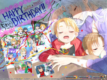 &gt;_&lt; 1boy 1girl 1other bandaid bandaid_on_finger bandaid_on_hand bed black_shirt blaster_master_zero blaster_master_zero_3 blonde_hair brother_and_sister brown_hair character_name elfie_(blaster_master_zero) elfie_frudnick eve_(blaster_master_zero) gonbei_(blaster_master_zero) grey_hair group_picture happy_birthday highres jason_frudnick jennifer_gardner jewelry jyokki_(blaster_master_zero) kane_gardner kanna_(blaster_master_zero) kenwood_(blaster_master_zero) leibniz_(blaster_master) lucia_(blaster_master_zero) natsume_yuji official_art pendant purple_shirt roddy_frudnick saliva second-party_source shirt siblings sleeping tae_(blaster_master_zero) tesset_(baster_master_zero) twins upper_body