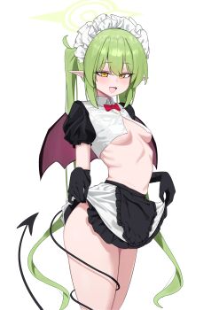 1girl :d absurdres alternate_costume black_gloves blue_archive bow bowtie breasts clothes_lift collared_shirt demon_girl demon_tail demon_wings ehmm_kay frills gloves green_hair green_halo hair_between_eyes halo highres long_hair looking_at_viewer maid maid_headdress midriff navel nozomi_(blue_archive) open_mouth pointy_ears shirt short_sleeves simple_background skirt skirt_lift small_breasts smile tail tail_around_own_leg teasing twintails underboob wings yellow_eyes