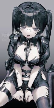 Rule 34 | 1girl, absurdres, black dress, black hair, black shoes, black thighhighs, breasts, chain, chain necklace, commentary, commission, cuffs, dress, english commentary, fang, glasses, gradient background, grey background, grey eyes, handcuffs, highres, jewelry, long hair, looking at viewer, necklace, nia (x x02), o-ring, o-ring thigh strap, open mouth, original, parted bangs, shoes, short sleeves, single thighhigh, sitting, small breasts, smile, solo, thigh strap, thighhighs, tongue, tongue out, twintails, v arms, wariza, watermark