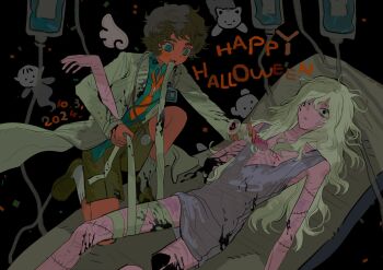 2boys aged_down bags_under_eyes bandages black_background black_eyes black_hair blood bloody_tears blue_eyes body_horror curly_hair dark-skinned_male dark_skin dated doctor dungeon_meshi elf grey_hair halloween happy_halloween highres holding holding_syringe kabru long_hair lying male_focus mithrun multiple_boys multiple_scars necktie on_back on_one_knee open_mouth pointy_ears scar severed_arm severed_leg severed_limb shirt short_hair shorts skinny smile stethoscope stitches syringe tunic wide-eyed wo_yao_chifan